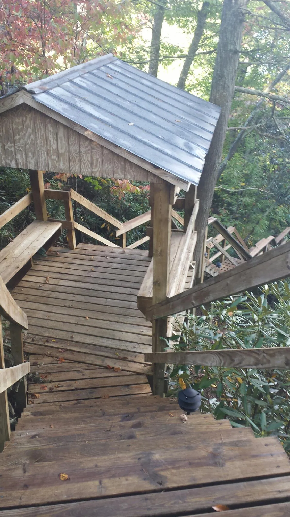 Metal roofed shelter over wooden steps on a wooded walkway — Skylight Repair & Installation work by our crew in Escalon